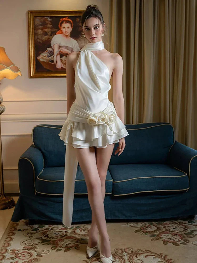 Satin One Shoulder 3D Rosette Tiered Ruffle Mini Dress - View 3