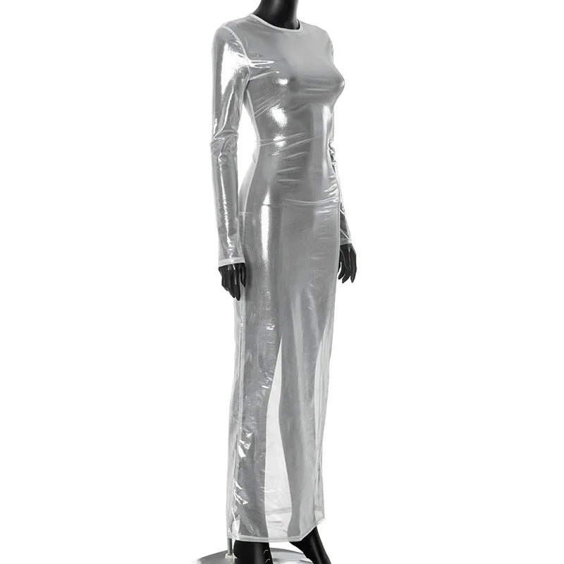 Mesh Long Sleeve Crew Neck Bodycon Maxi Dress - View 13