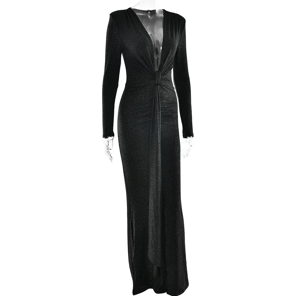 Elastic Deep V - Fold Lace Maxi Dress 33