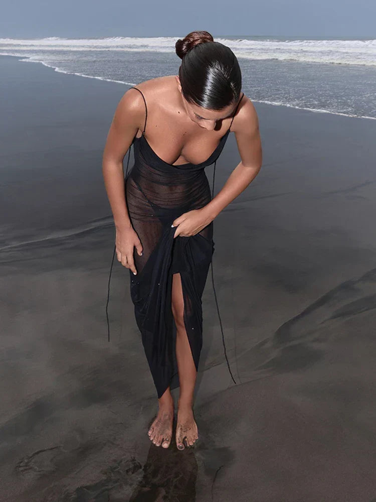 Sheer Mesh Swing Neck Midi Dress - View 4