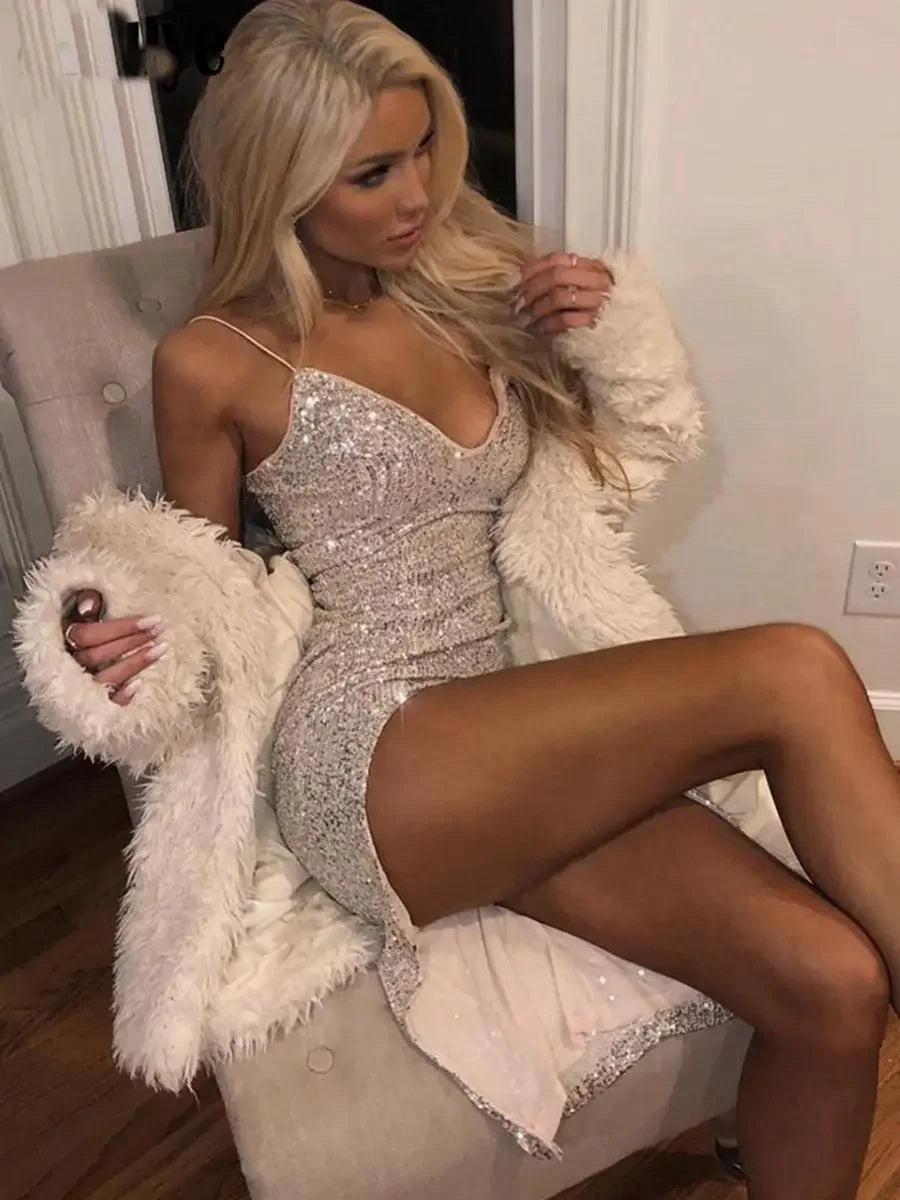 Sequin Deep V-Neck Spaghetti Strap High Split Bodycon Midi Dress - View 4