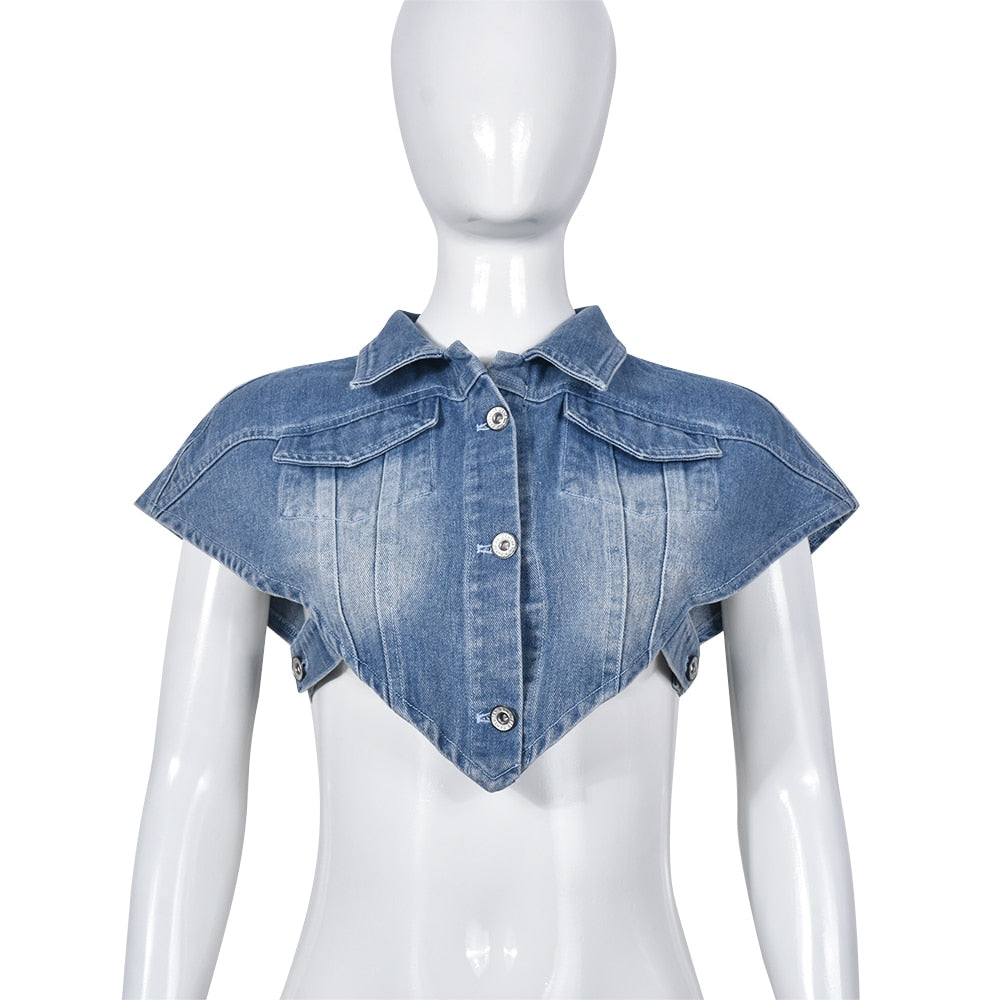 - Sexy Sleeveless Single-breasted Blue Denim Vest Women's Turn-down Collar Cut Out Short Jean Jacket All-match Tank Coats