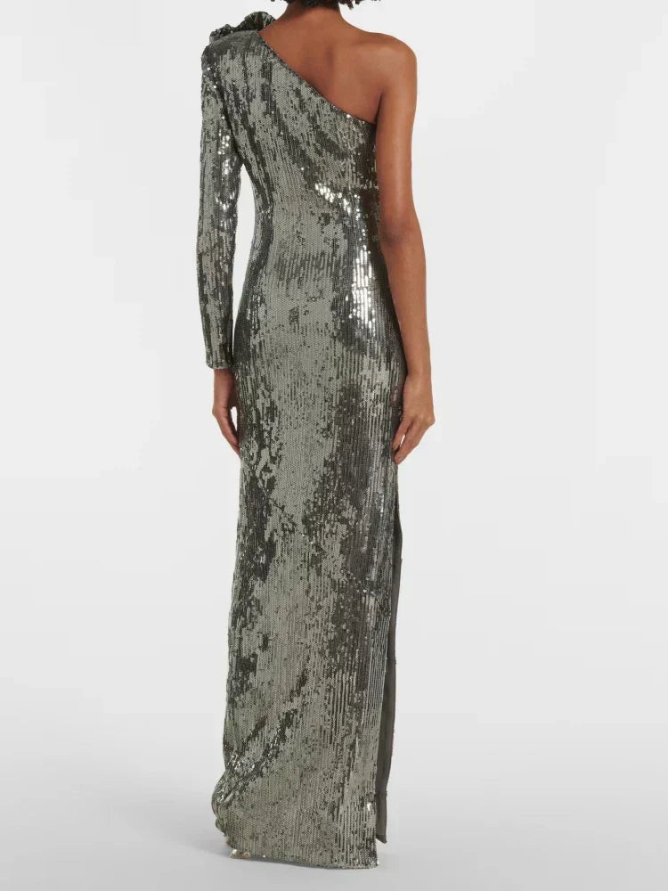 Sequin One Shoulder Long Sleeve Rosette Bodycon Maxi Dress - View 6