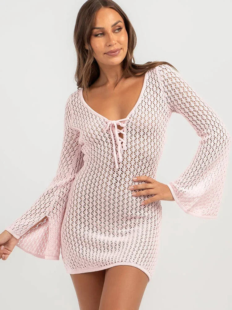 Solid Lace Up Bikini Cover Up
