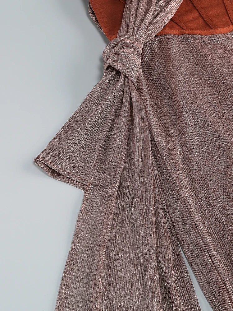 One Shoulder Draped Glitter Brown Maxi Dress - View 12