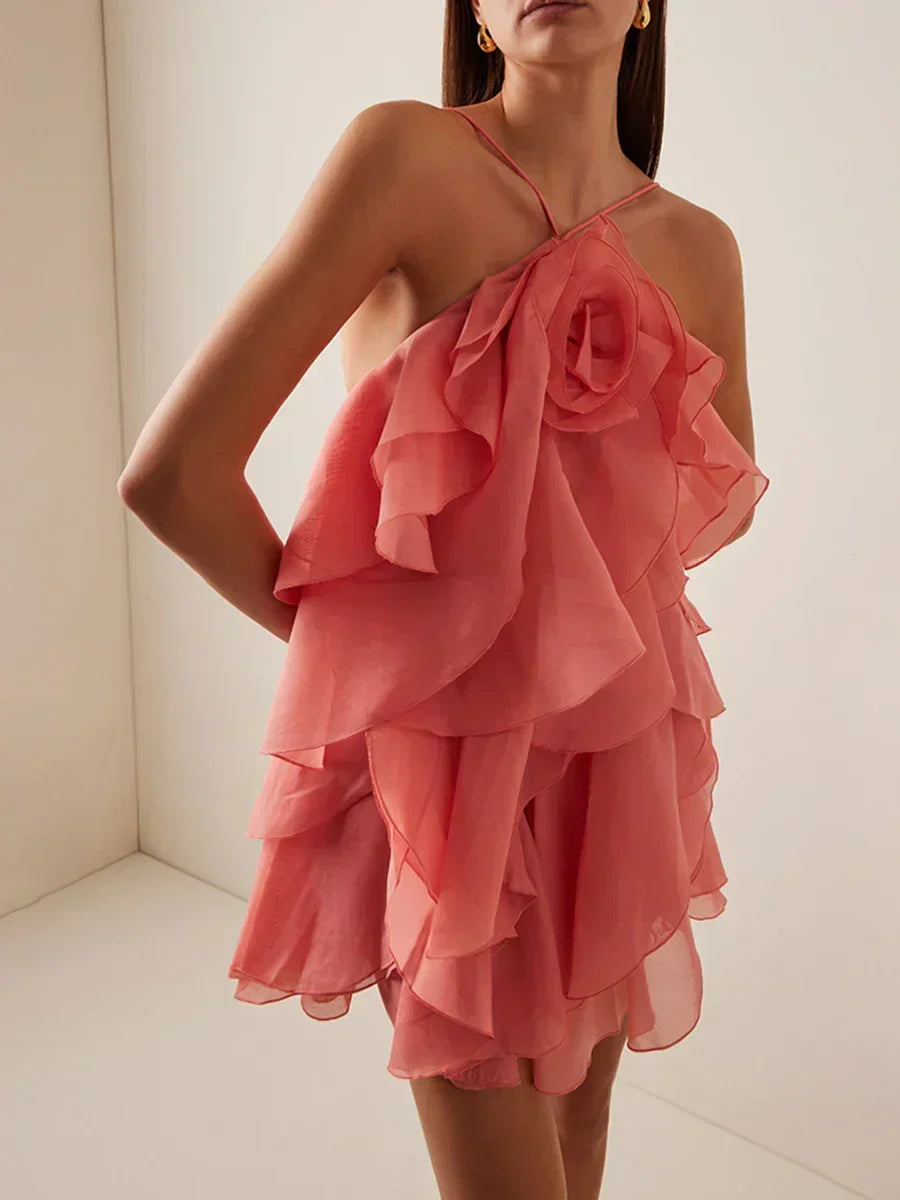 Halter Neck 3D Rosette Tiered Ruffle Organza Mini Dress