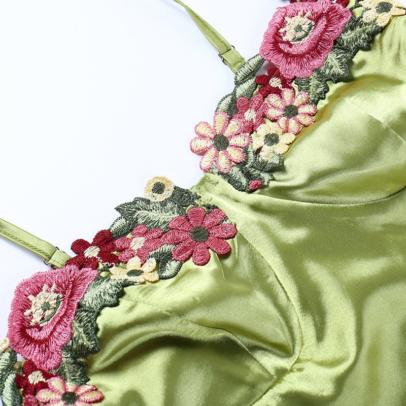 Satin Floral Embroidered Corset Ruched Bodycon Mini Dress 14