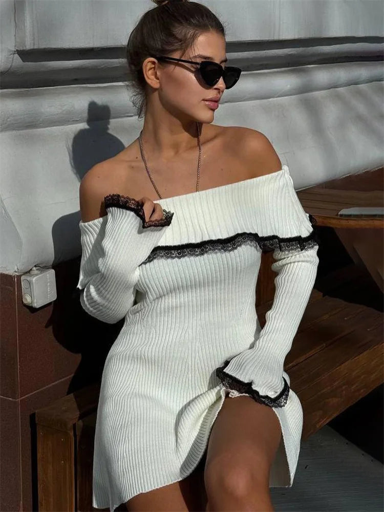 Off Shoulder Ribbed Knit Lace Backless Sweater Mini Dress - View 3