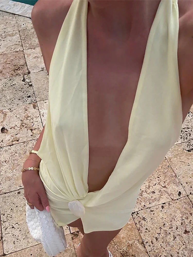 Lace-Up Backless V Neck Halter Mini Dress