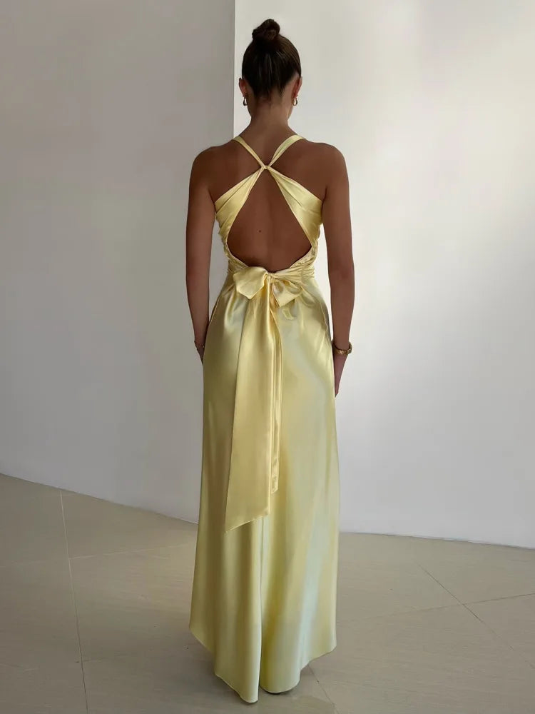 Satin Ruched Backless Maxi Dress in Purple - View 2