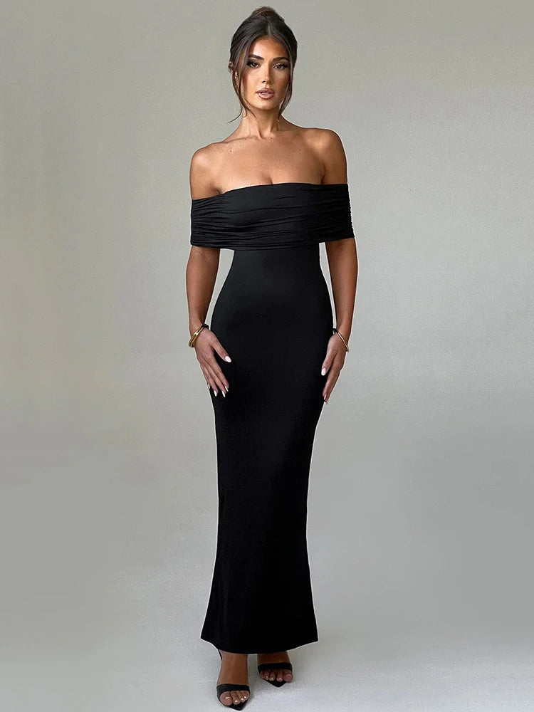 Off Shoulder Pleated Ruched Mermaid Maxi Dress