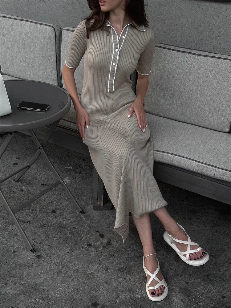 Ribbed Knit Polo-Collar Short-Sleeve Button-Front Maxi Dress 8