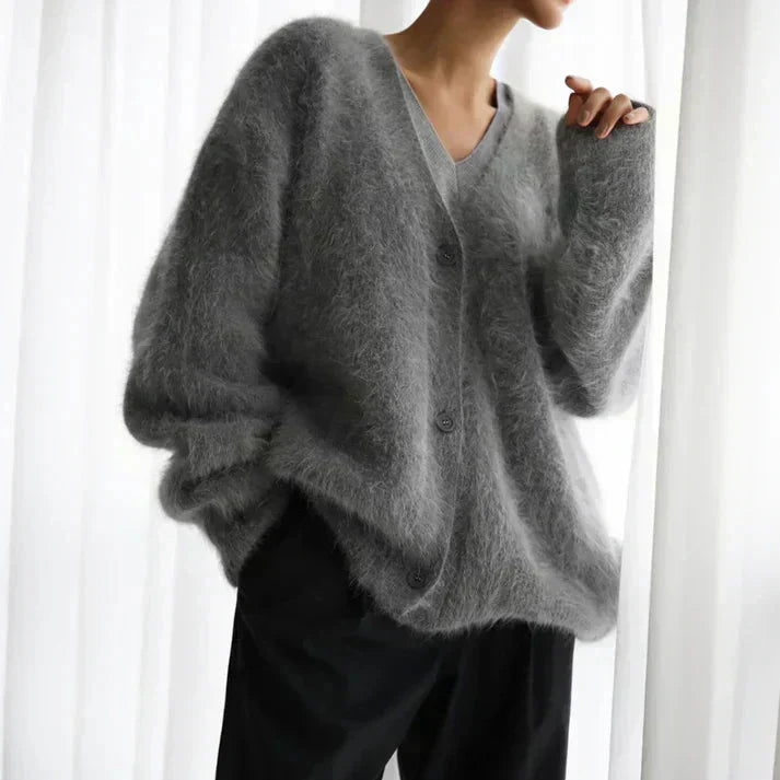 V-Neck Button Front Fuzzy Knit Oversized Cardigan 7