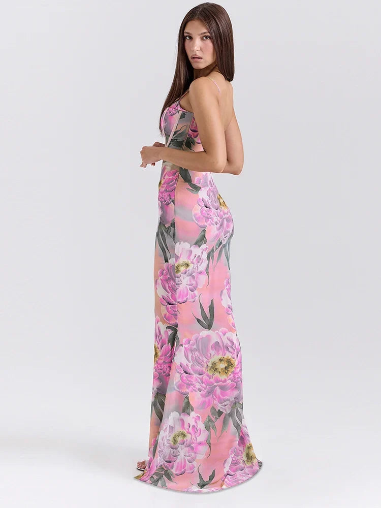 Dot Halter Slim Cleavage Floral Dress
