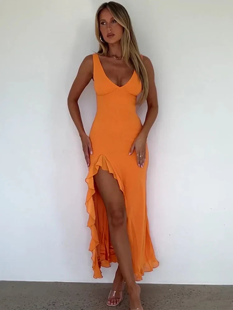 Ruffle High Split Evening Midi Dress