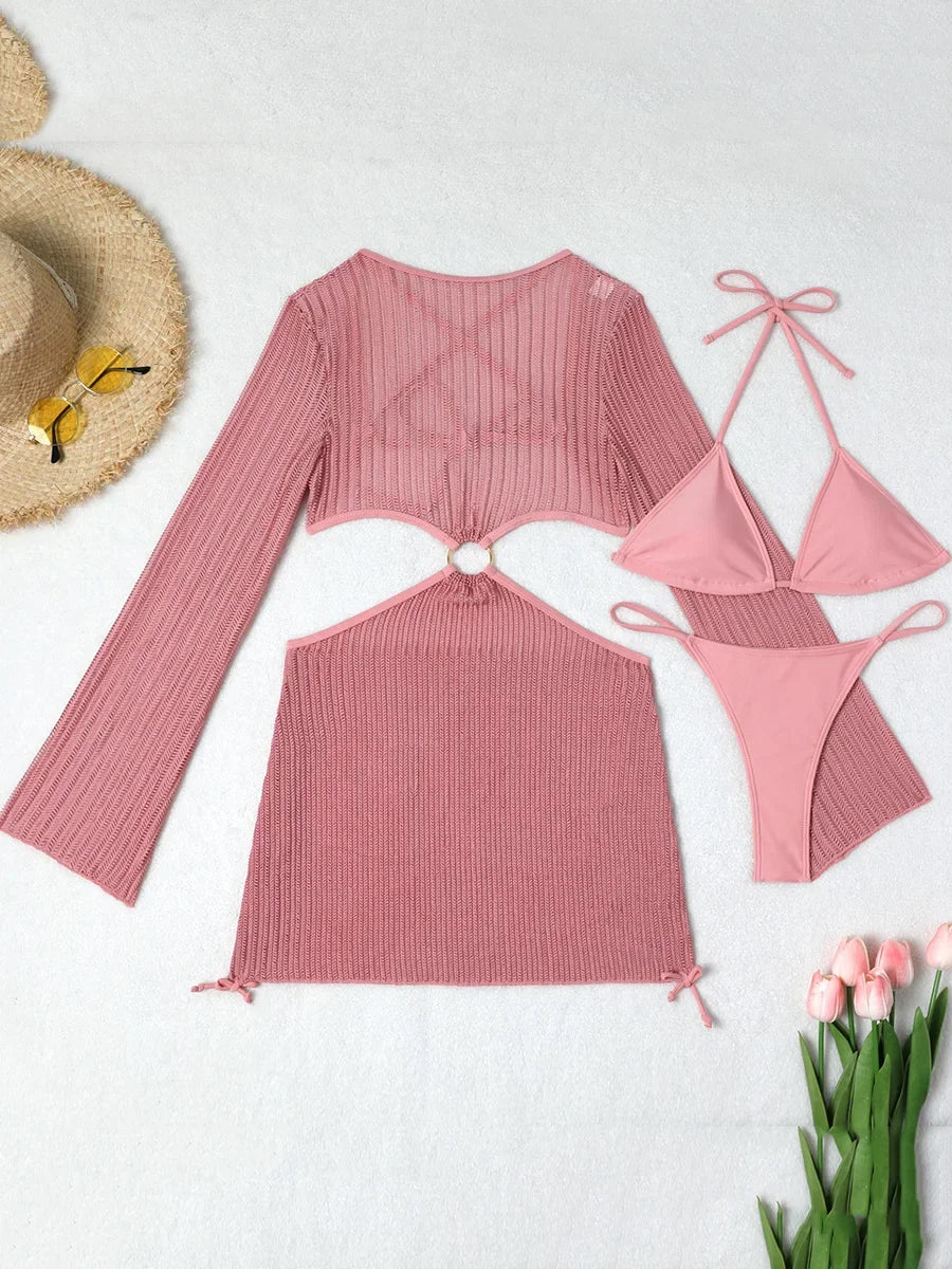 Sheer Long Sleeve Bikini Cover-Up Three Piece Swimsuit