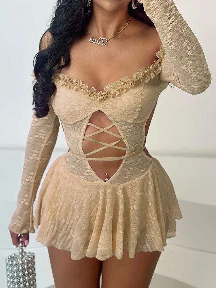 Off Shoulder Long Sleeve Lace Up Cut Out Ruffle Mini Dress - View 2