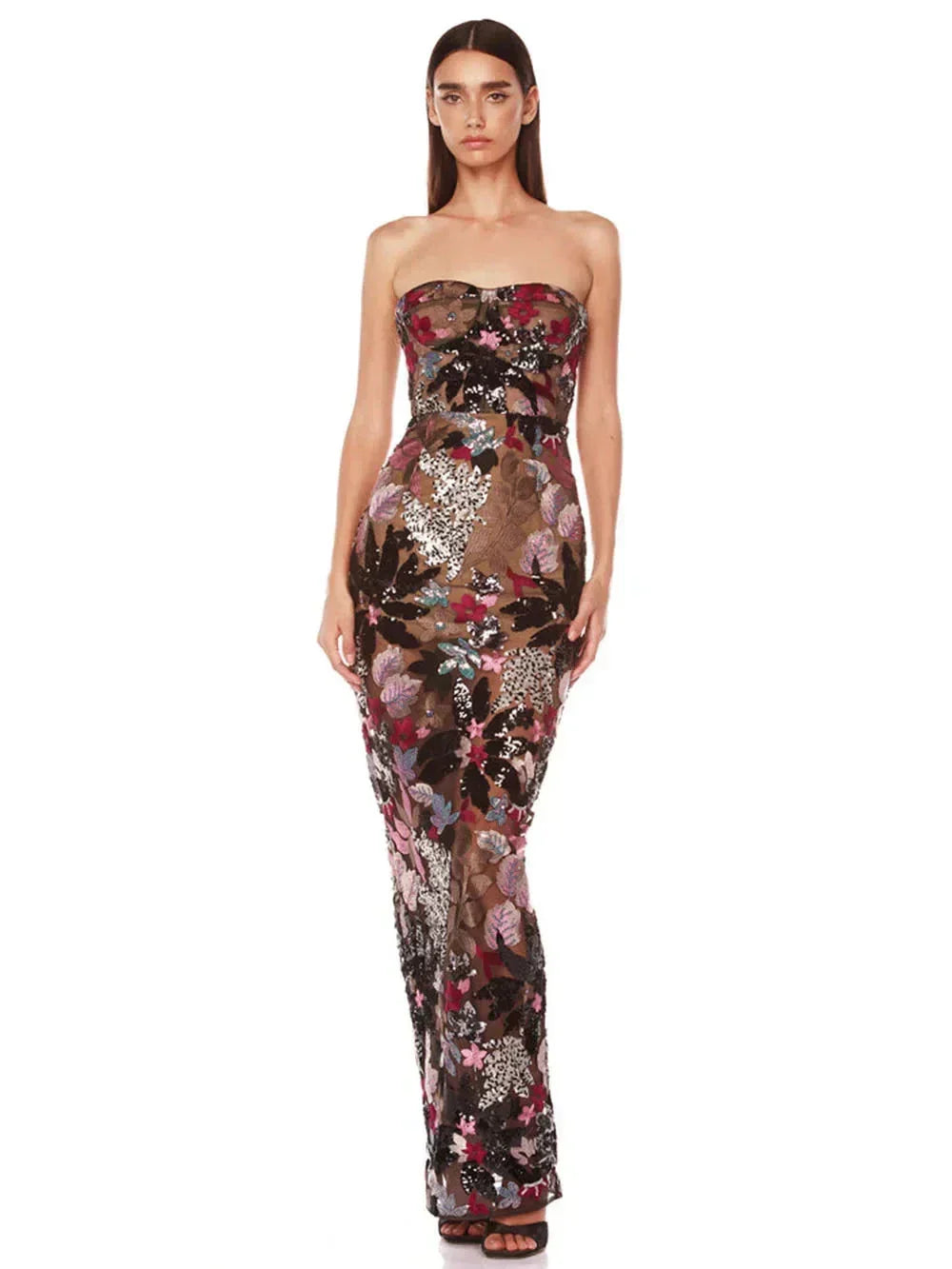 Sequin Floral Strapless Sweetheart Bodycon Maxi Dress