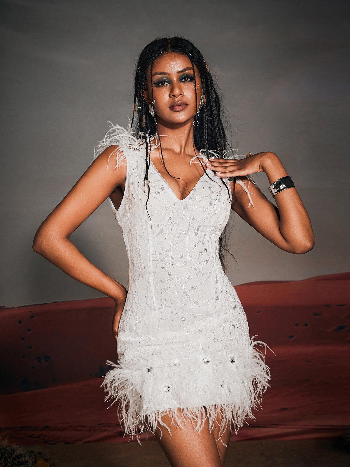 Sequin V-Neck Sleeveless Feather Trim Bodycon Mini Dress - View 4