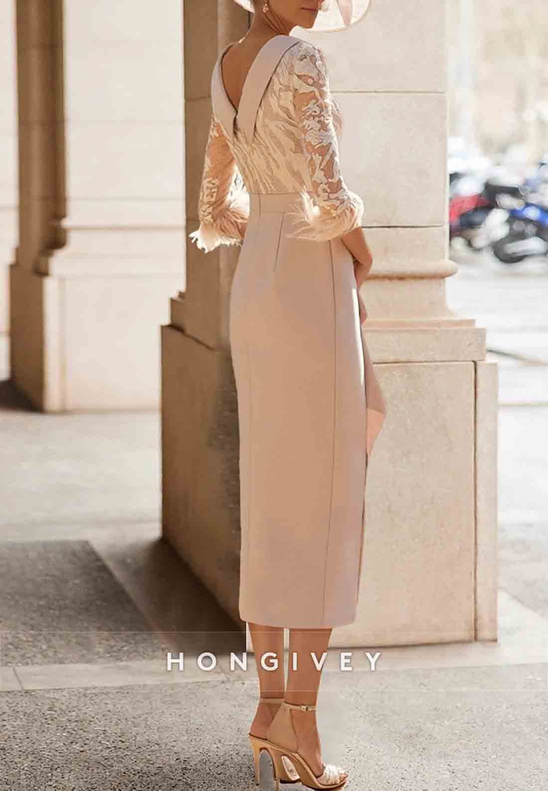 Pleated Feather 3/4 Sleeve Tea-Length Sheath Side Slit Mother of the Bride