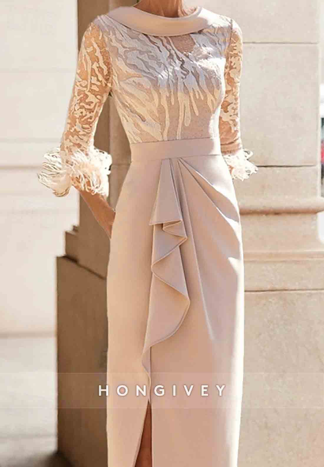 Pleated Feather 3/4 Sleeve Tea-Length Sheath Side Slit Mother of the Bride