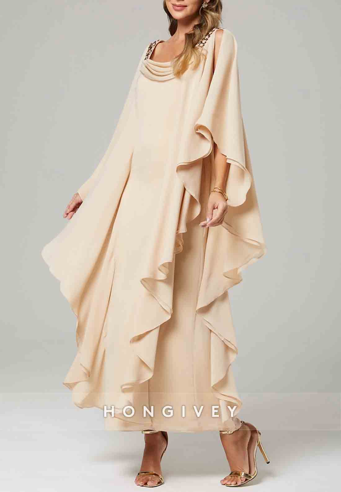 Column Mother of the Bride Dress Wedding Guest Elegant Crew Neck Floor Length Chiffon Beading Cascading Ruffles