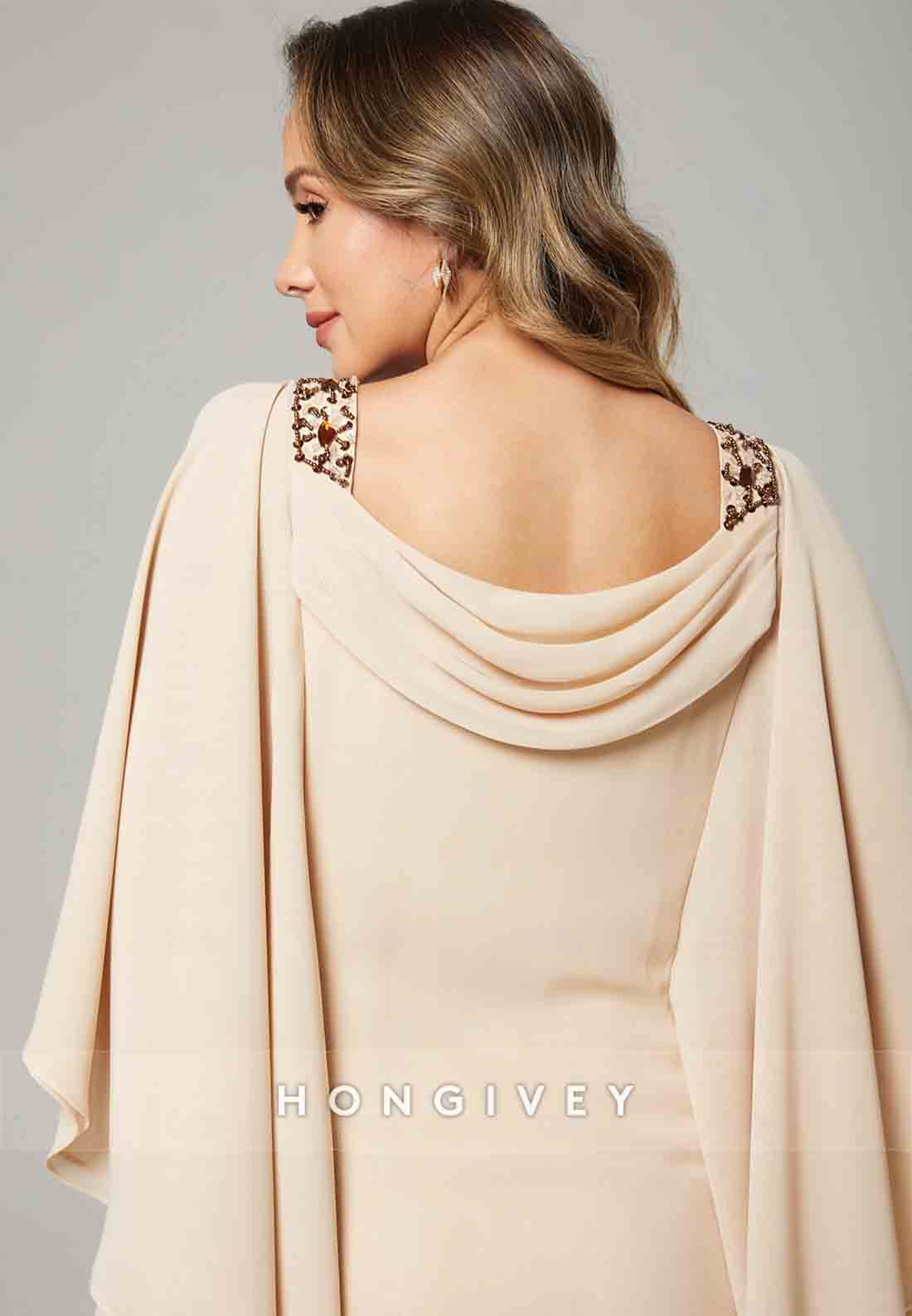 Column Mother of the Bride Dress Wedding Guest Elegant Crew Neck Floor Length Chiffon Beading Cascading Ruffles