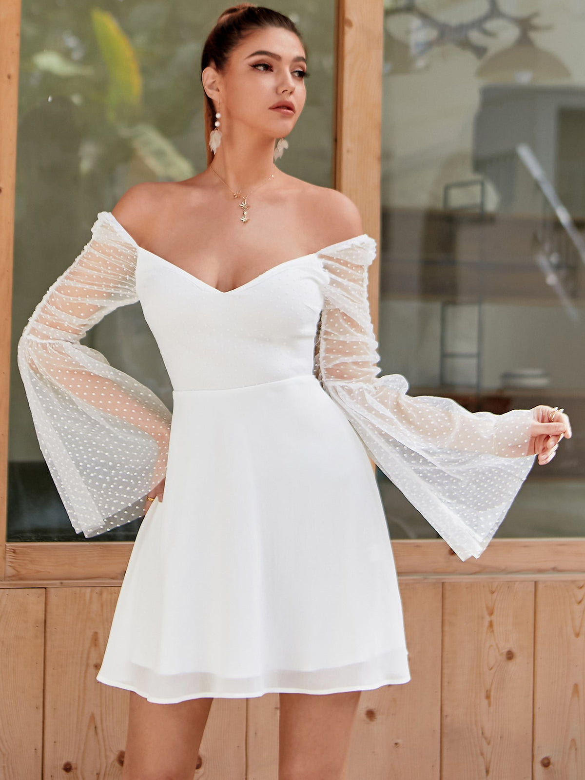 KittenAlarm - Sheer Bell Sleeve Swiss Dot Dress