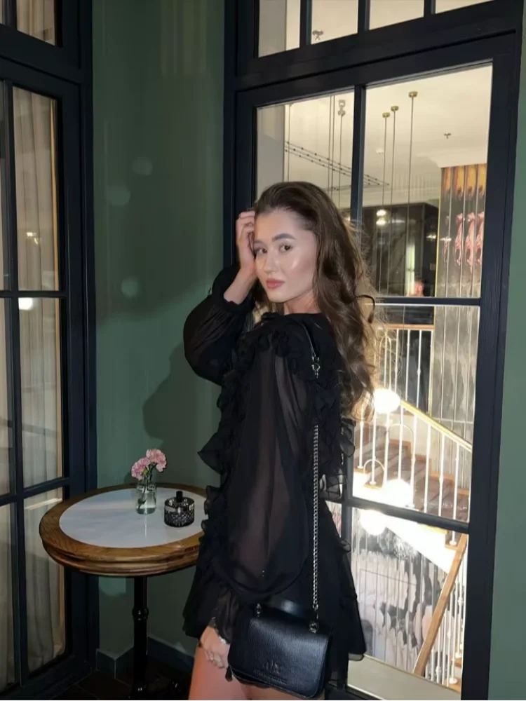 Sheer Lace Mesh Deep V Neck Blouse