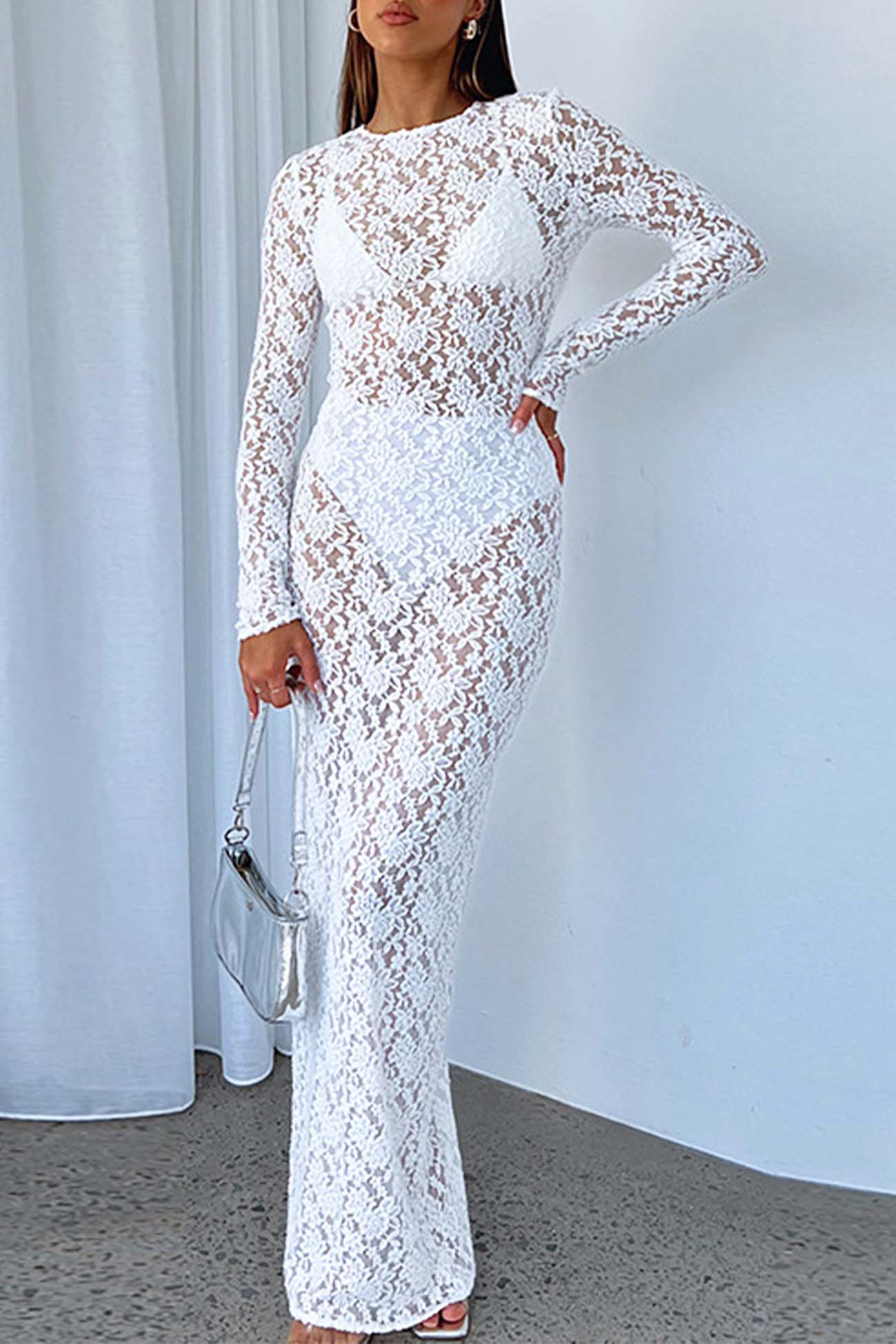 Sheer Lace Long Sleeve Maxi Dress