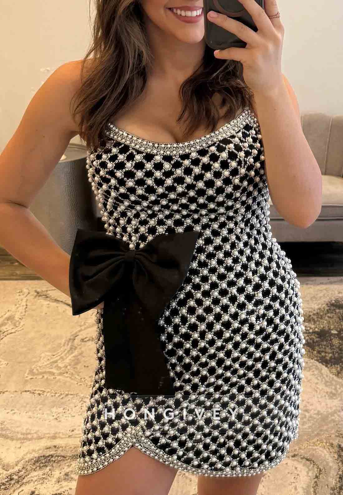 Regular Straps Column Beading Bowknot Sleeveless Mini Homecoming Dresses