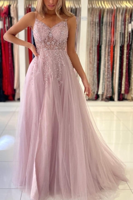 Shimmers Pink Spaghettistraps Sleeveless Column Tulle Floor-Length Prom Evening Dresses with Beadings