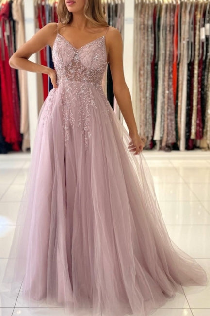 Shimmers Pink Spaghettistraps Sleeveless Column Tulle Floor-Length Prom Evening Dresses with Beadings