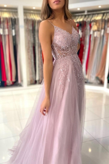Shimmers Pink Spaghettistraps Sleeveless Column Tulle Floor-Length Prom Evening Dresses with Beadings