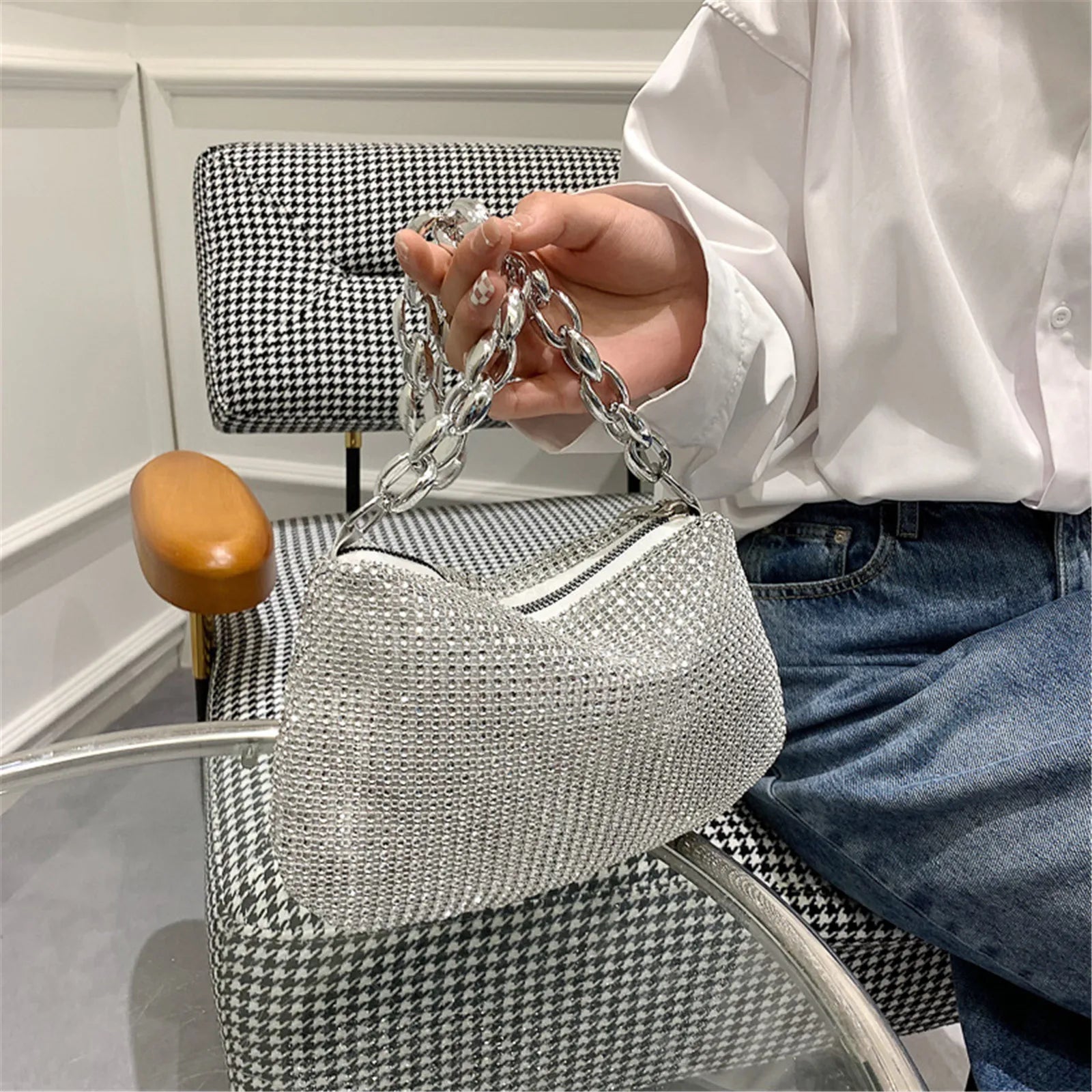 Shiny Crystal Rhinestones Evening Clutch Bag Wristlet - Fashionpara