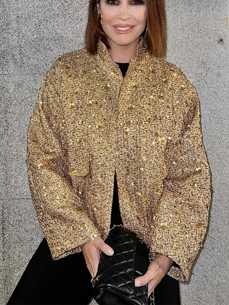 Golden Sequins Bomber Short Coat