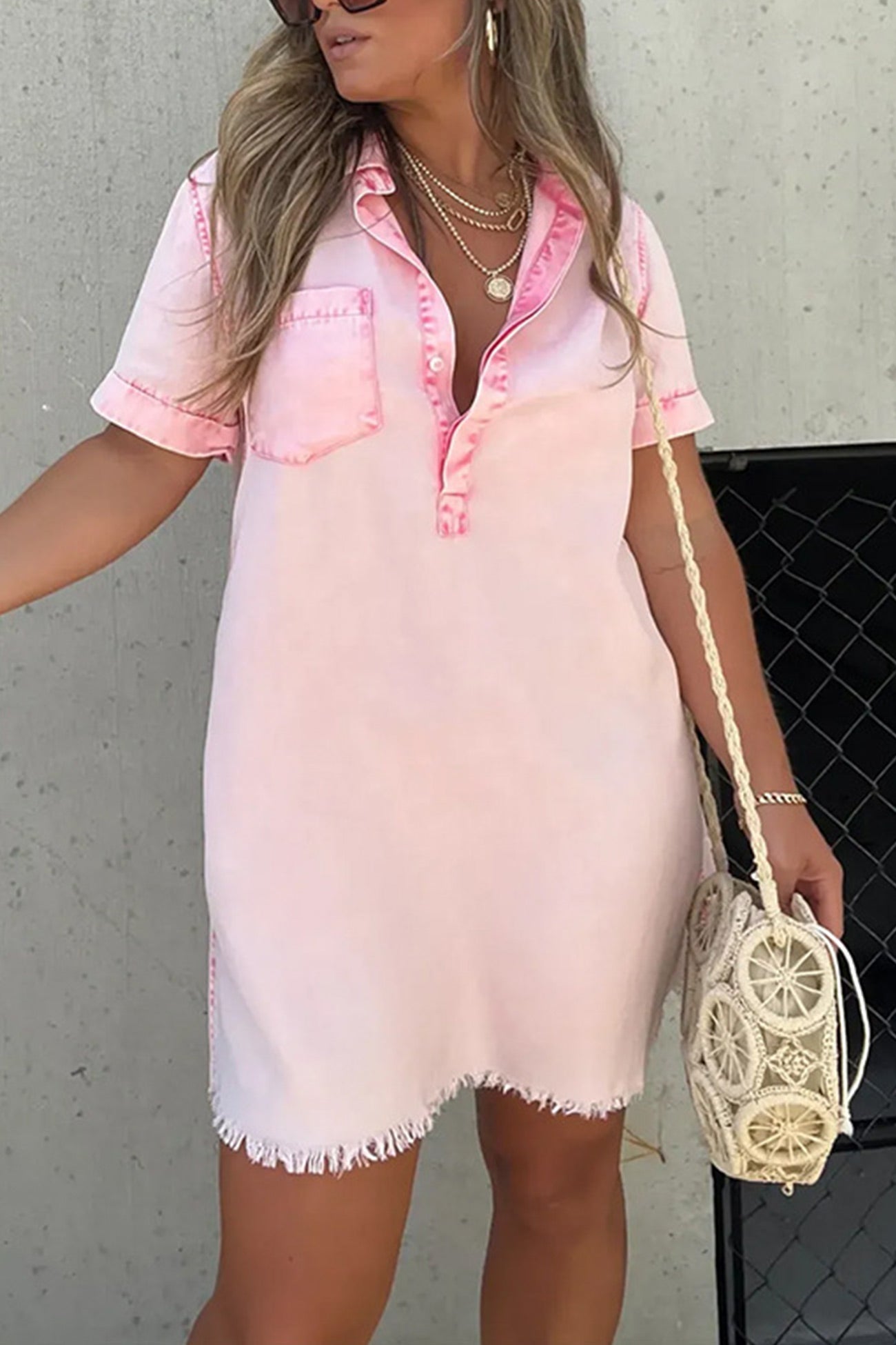 Shirt Collar Raw Edge Denim Dress - Fashionpara