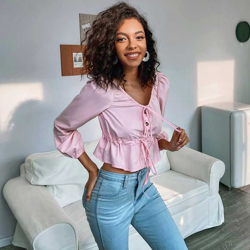 Shirt Short Open Navel Cross Blouse - Fashionpara