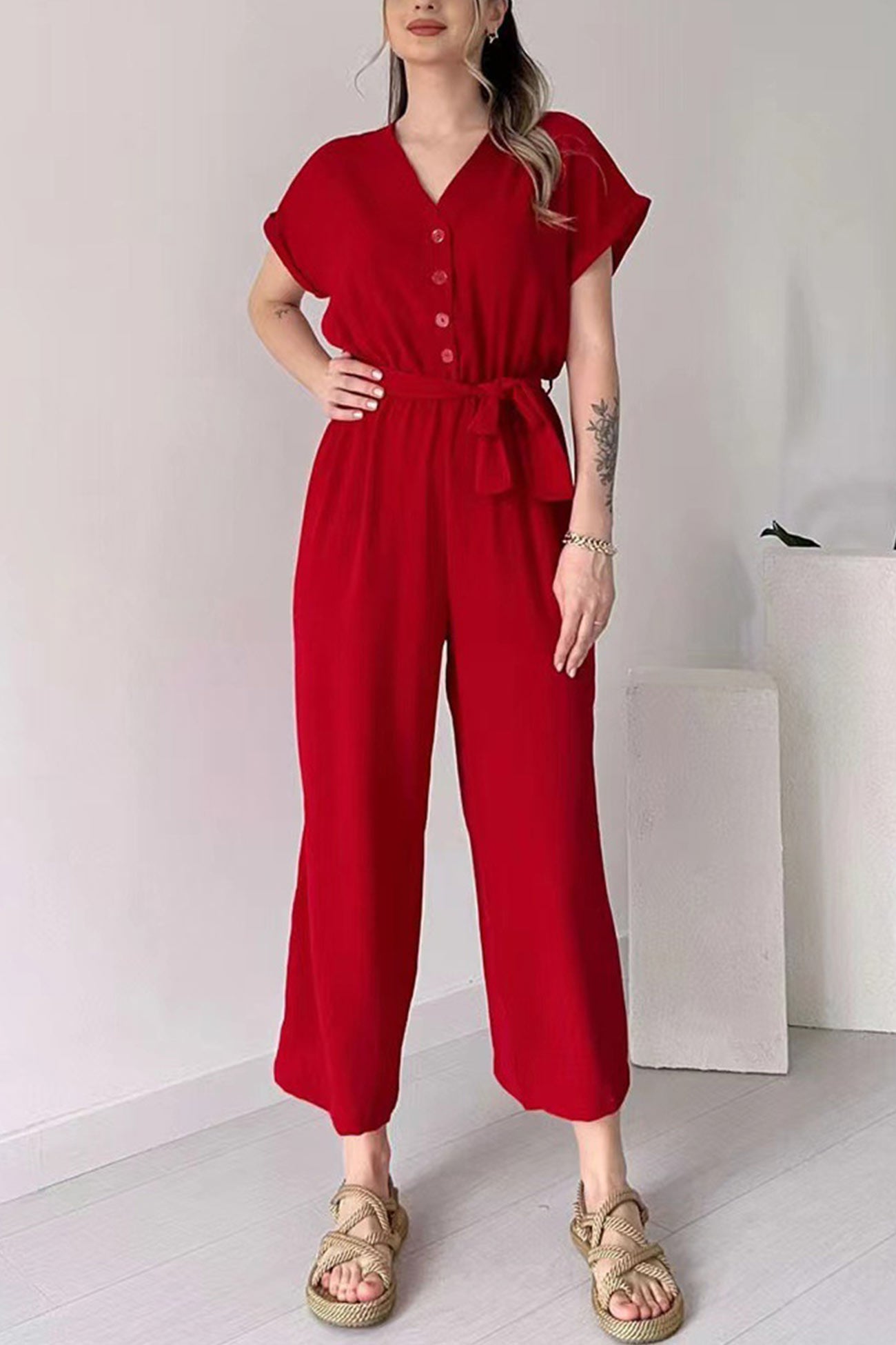 Short Sleeve Single-breasted Waisted Jumpsuits - Fashionpara