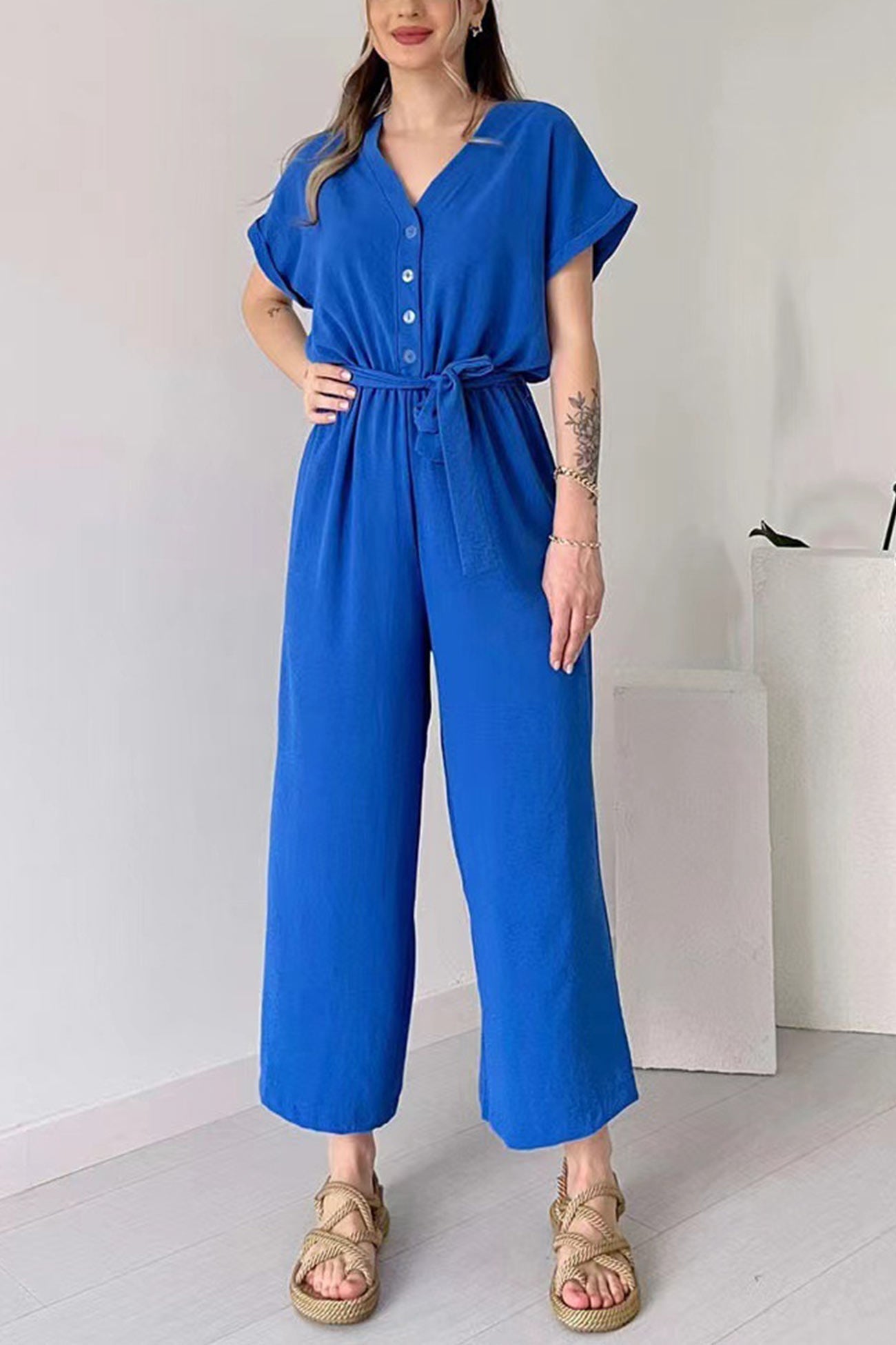 Short Sleeve Single-breasted Waisted Jumpsuits - Fashionpara