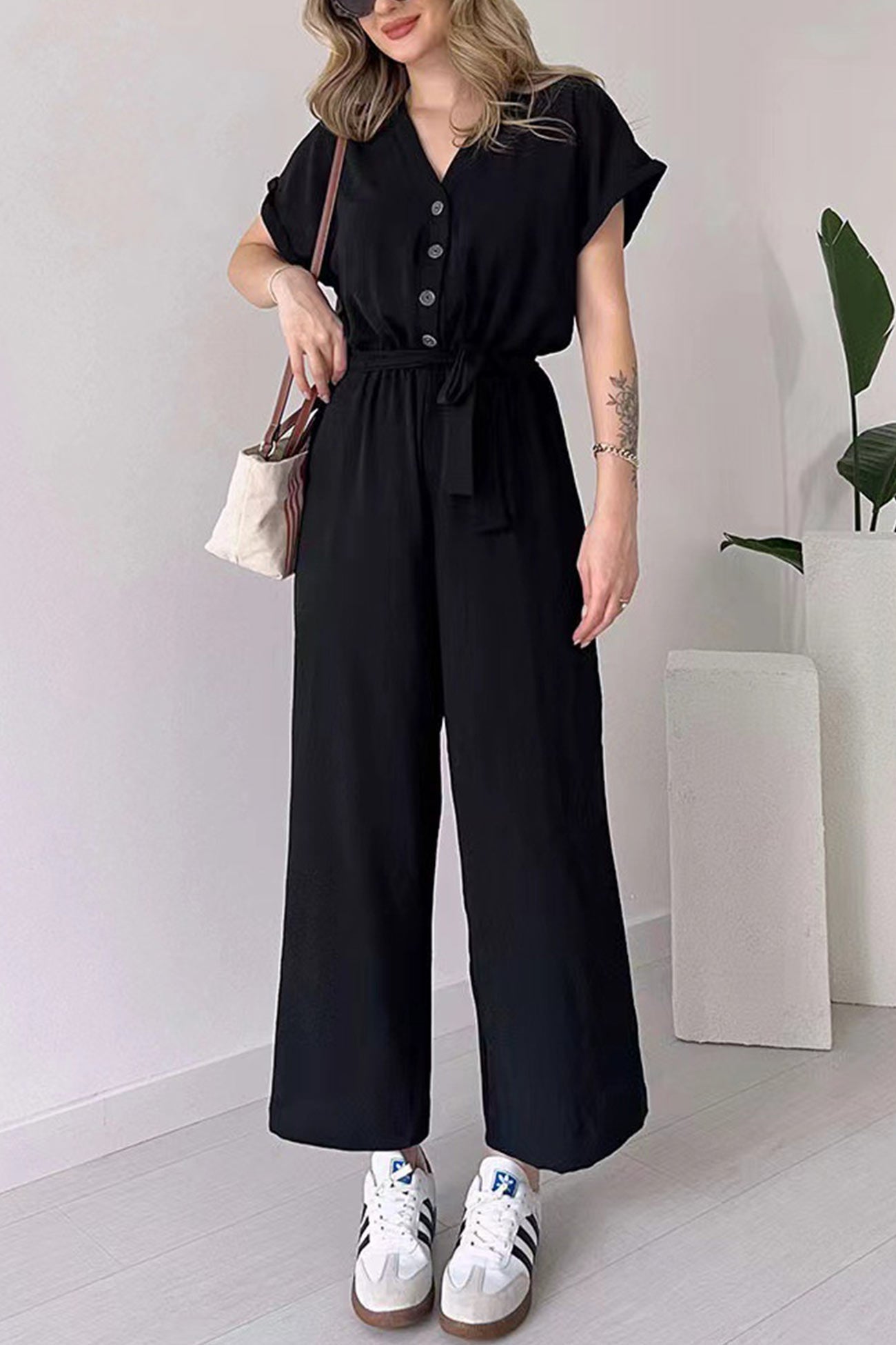 Short Sleeve Single-breasted Waisted Jumpsuits - Fashionpara
