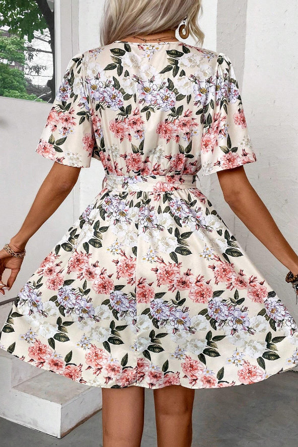 Short Floral Print V-neck A-Line Women's Dress