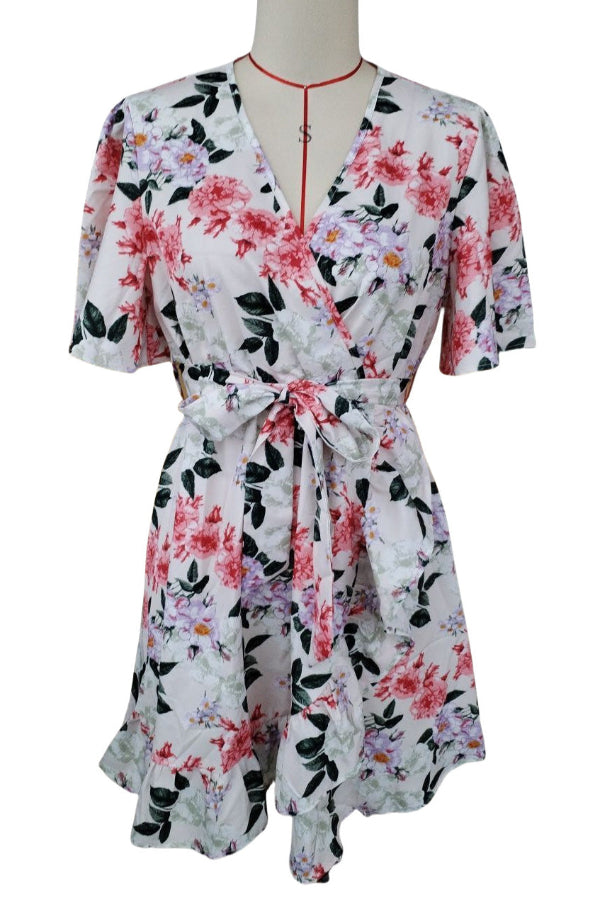 Short Floral Print V-neck A-Line Women's Dress