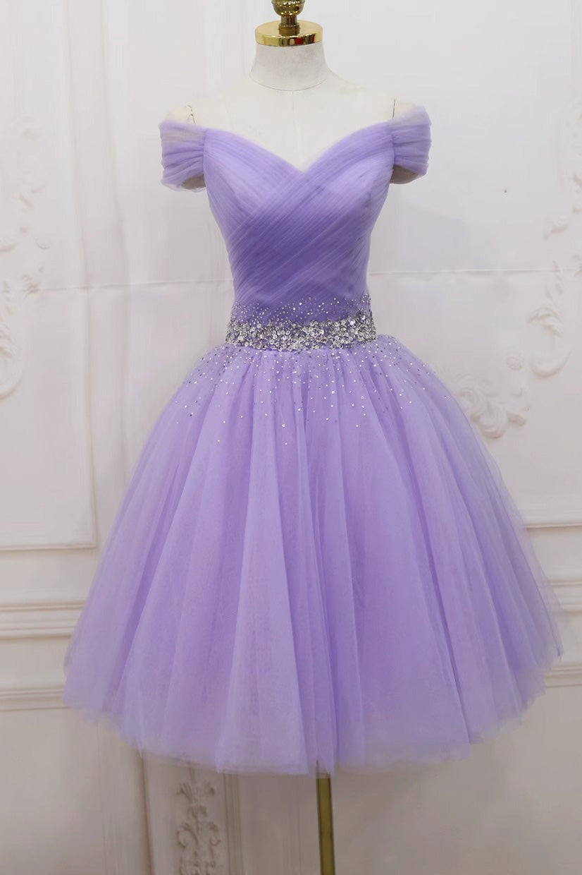 Short Lilac Off Shoulder A-Line Party Homecoming Dresses