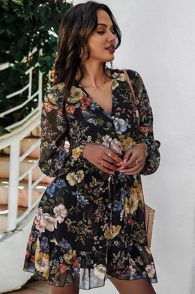 Short Mini V-Neck Long-Sleeved Chiffon Print Dress For Women