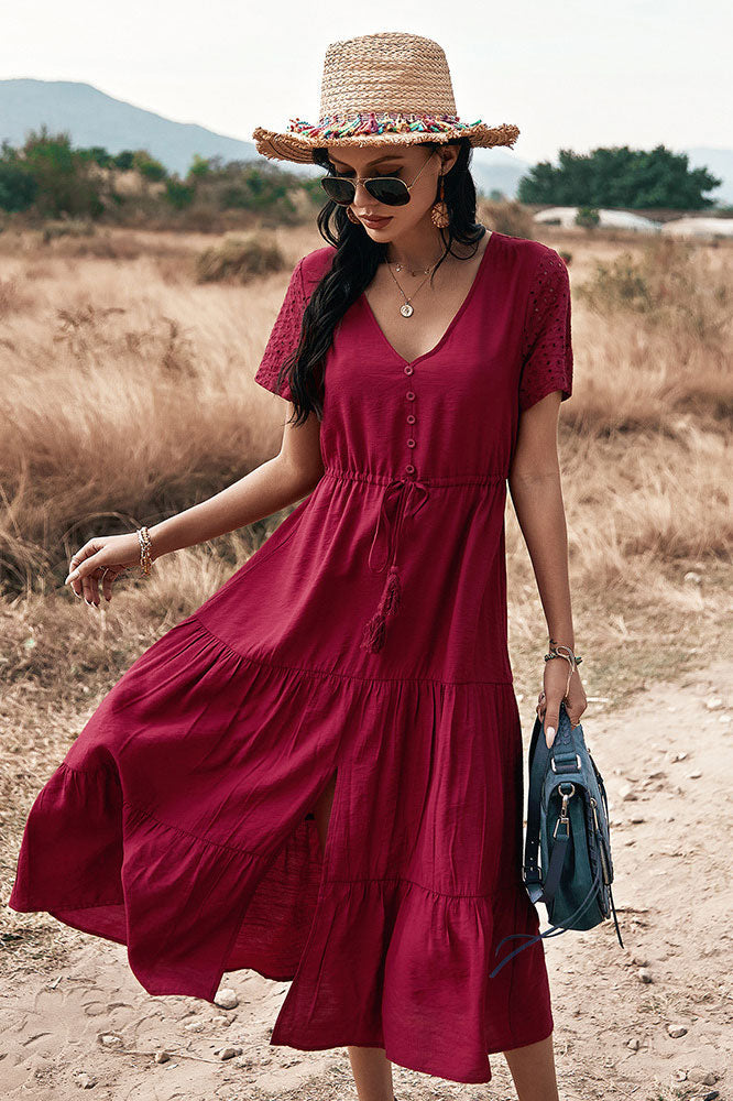 Burgundy Short Sleeve A-Line Summer Dress