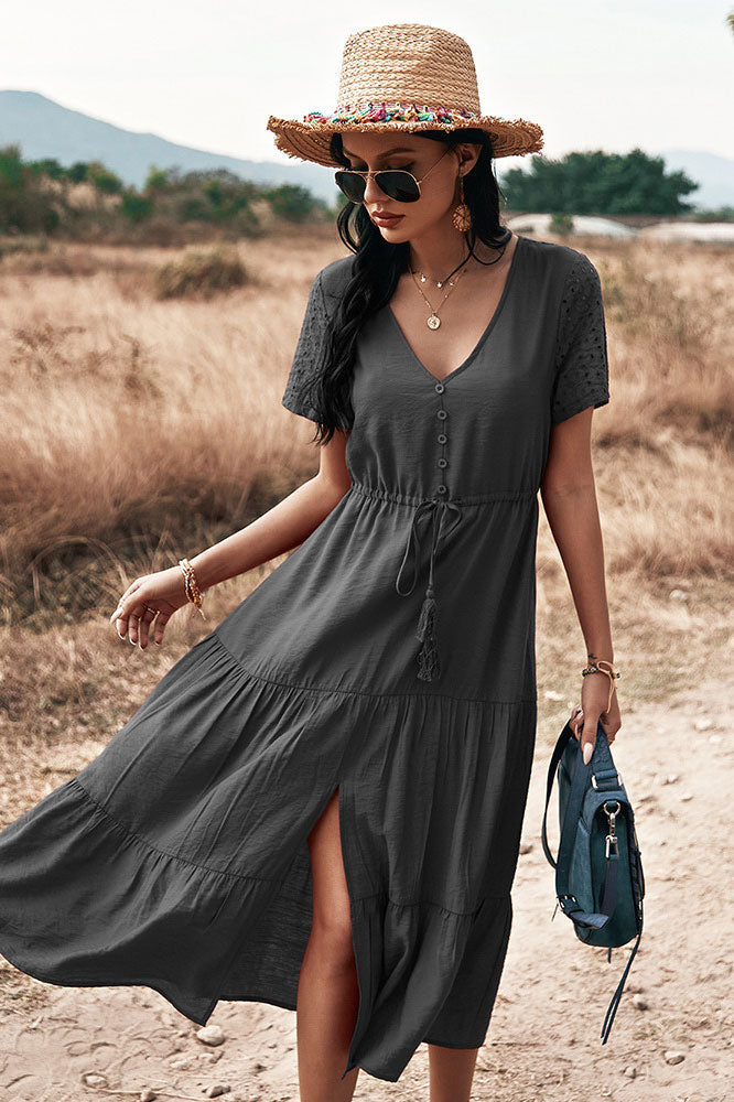 Burgundy Short Sleeve A-Line Summer Dress