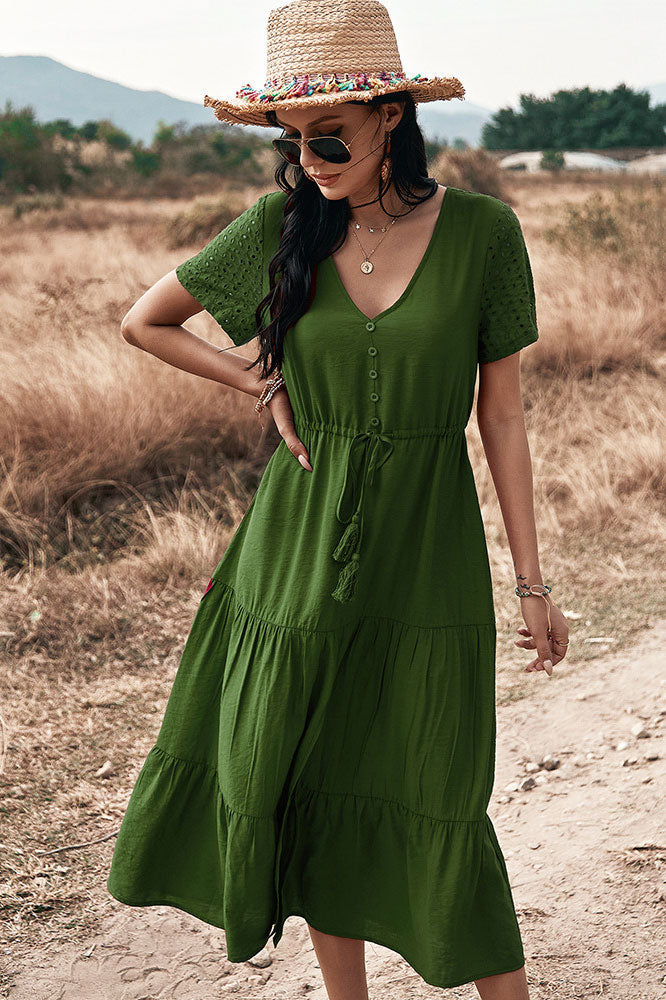 Burgundy Short Sleeve A-Line Summer Dress