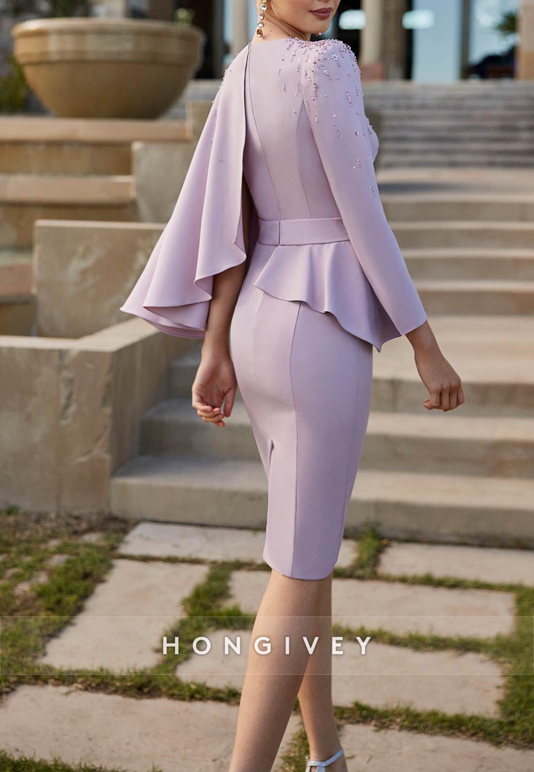 Sheath Knee-Length Peplum Cocktail Dresses V Neck Mother of the Bride One Shoulder Cape Pleated