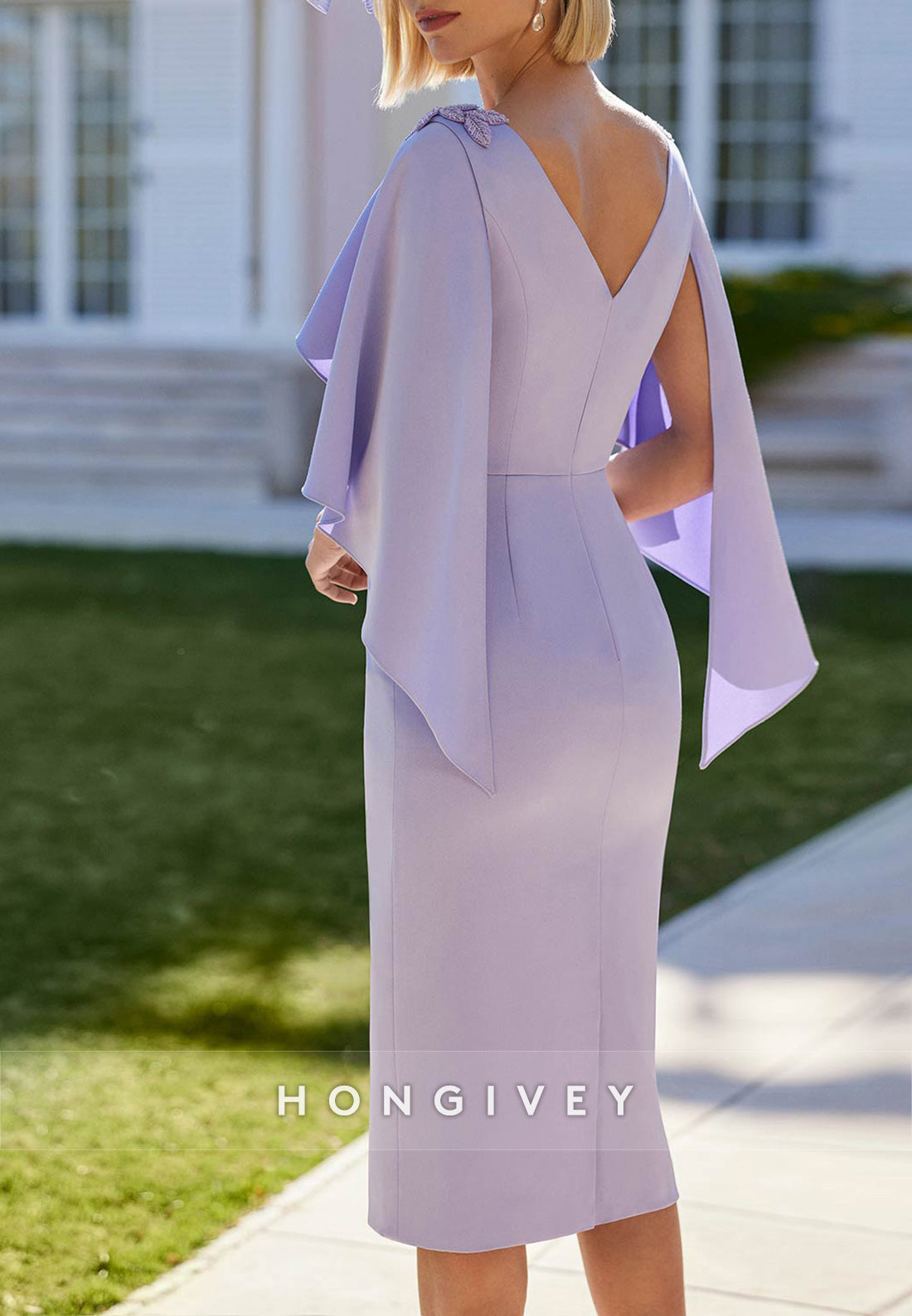 V Back Cocktail Dresses Sheath Flutter Sleeves Beading Mother of the Bride